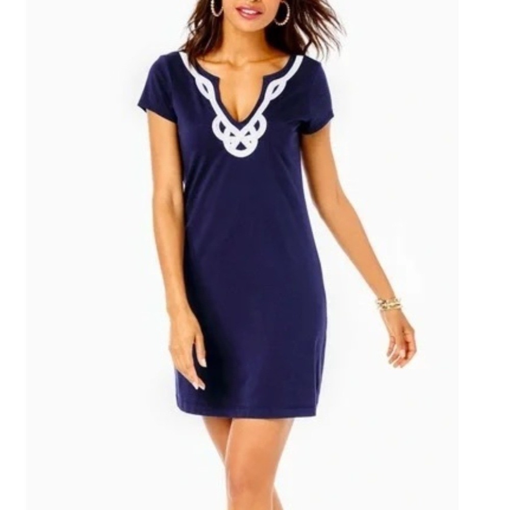 Lilly Pulitzer Brewster True Navy White Corded Trim Tee Shirt Dress Medium Chic
